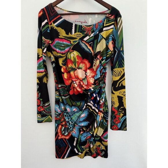 Desigual Rosita Dress M (14) Colorful Floral Stretch Faux Wrap Bodycon Mini - Picture 5 of 16
